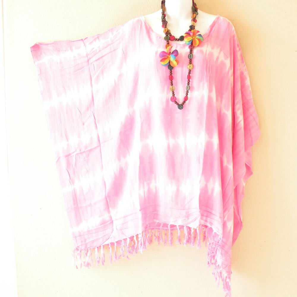 KB433 Pink Tie Dye Fringes Kaftan Sleeve Plus Tunic Women Blouse Top - S to 5X